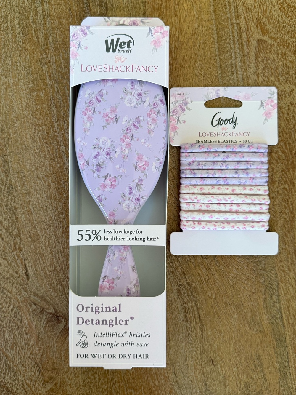 LoveShackFancy Floral Lavender Wet Brush + Elastic Hair Band Set